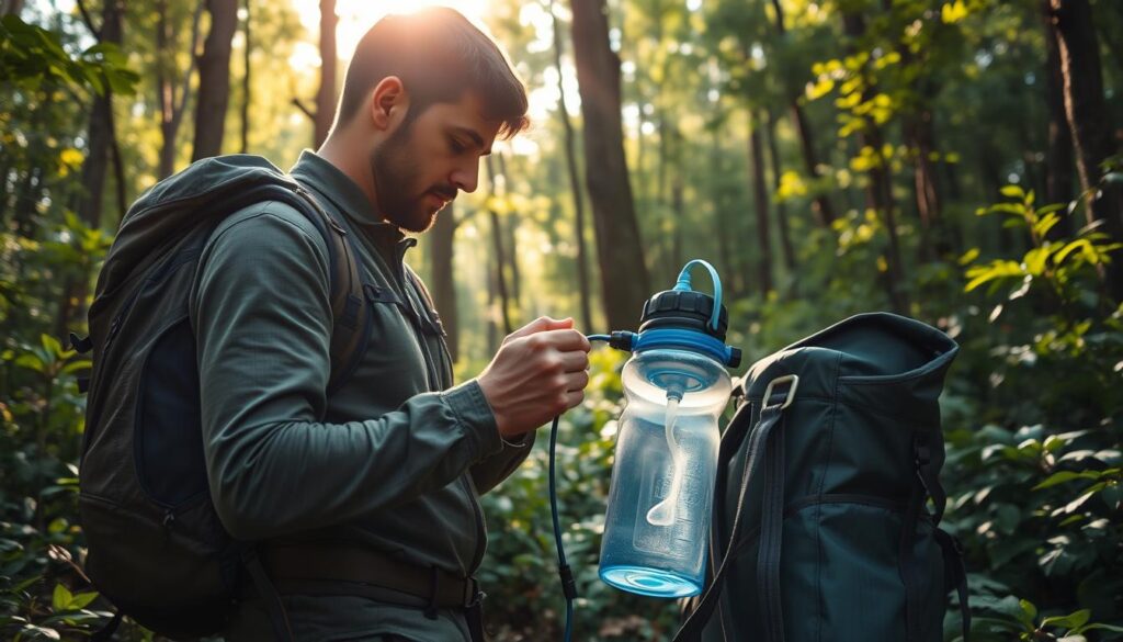 A backpacker standing in a lush forest, meticulously setting up a portable water filtration system. Sunlight filters through the canopy, casting a warm glow on the scene. The backpack, worn but well-cared for, rests nearby, hinting at the adventurer's journey. The water filtration device, a marvel of engineering, is examined with a focused gaze, as the backpacker ensures its proper functioning. The surrounding flora, vibrant and verdant, creates a serene backdrop, emphasizing the importance of sustainable hydration in the great outdoors.