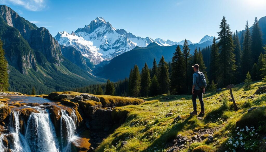 A breathtaking panoramic vista of a rugged, snow-capped mountain range, its peaks piercing the azure sky. In the foreground, a cascading waterfall tumbles over mossy rocks, the mist catching the golden rays of the sun. Towering evergreen forests flank the scene, their verdant canopies casting dramatic shadows across the lush, flower-dotted meadow in the middle ground. A lone hiker, backpack in tow, stands in awe, captivated by the raw, untamed beauty of this wild, untamed landscape. The scene exudes a sense of adventure, tranquility, and the irresistible allure of the great outdoors.