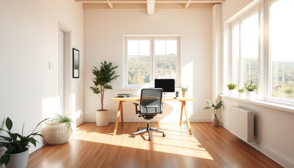 A bright, airy home office flooded with natural light streaming through large windows. Warm, diffused sunlight illuminates a clean, minimalist workspace with a simple wooden desk, comfortable ergonomic chair, and a few carefully curated plants. The room has white walls and hardwood floors, creating a calming, productive atmosphere. A large window frames a picturesque outdoor view, blending the indoor and outdoor spaces seamlessly. Soft shadows and highlights accentuate the room's clean lines and open layout, inviting focus and creativity. The overall impression is one of tranquility, balance, and inspiration - the ideal setting for remote work and productivity.