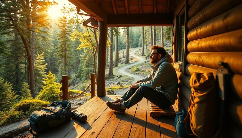 A cozy cabin nestled in a lush, forested landscape, with a solo traveler sitting on the porch, gazing out at the serene nature. Soft, warm lighting illuminates the scene, casting a golden glow over the weathered wood and hiking gear neatly arranged nearby. In the distance, a winding trail disappears into the verdant trees, inviting the viewer to embark on their own adventure. The traveler's expression is one of contentment and introspection, capturing the essence of self-discovery and personal growth that can come from solo travel.