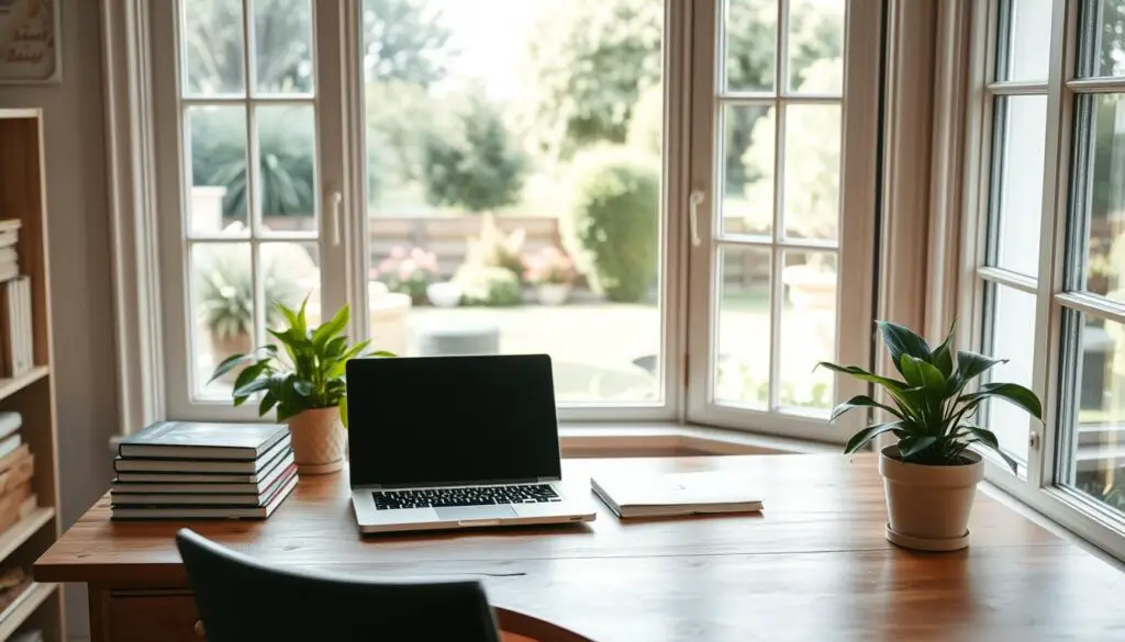 A cozy home office setting, filled with natural light and the warmth of a wooden desk. On the desk, a laptop, a stack of books, and a potted plant - all arranged with purposeful simplicity. In the background, a large window offers a picturesque view of a peaceful garden, hinting at the tranquility and focus needed for niche selection. The overall atmosphere is one of quiet contemplation, inviting the viewer to imagine the process of defining a unique blogging purpose and finding the perfect niche.