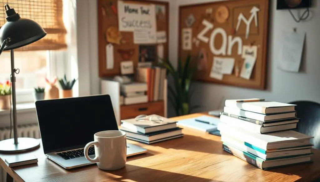 A cozy home office with a laptop, coffee mug, and a stack of books on a wooden desk, bathed in warm, natural lighting from a nearby window. In the background, a corkboard displays inspiring notes and sketches, symbolizing the creative process of blogging. The overall atmosphere is one of productivity, focus, and a sense of achievement, conveying the "blogging success guide" theme.