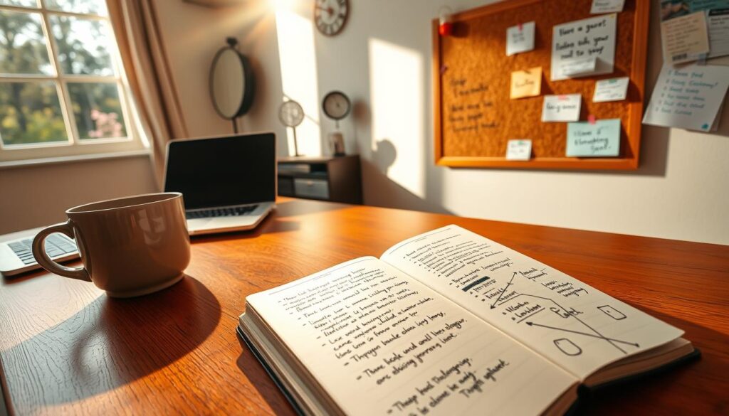 A cozy home office with a wooden desk, a laptop, and a mug of coffee. Sunlight streams through the window, casting a warm glow on the workspace. In the foreground, a journal lies open, its pages filled with handwritten notes and sketches, chronicling the blogger's journey. A corkboard on the wall displays inspirational quotes, task lists, and milestones reached. The atmosphere is one of focus, creativity, and a sense of progress, reflecting the importance of tracking one's blogging journey.