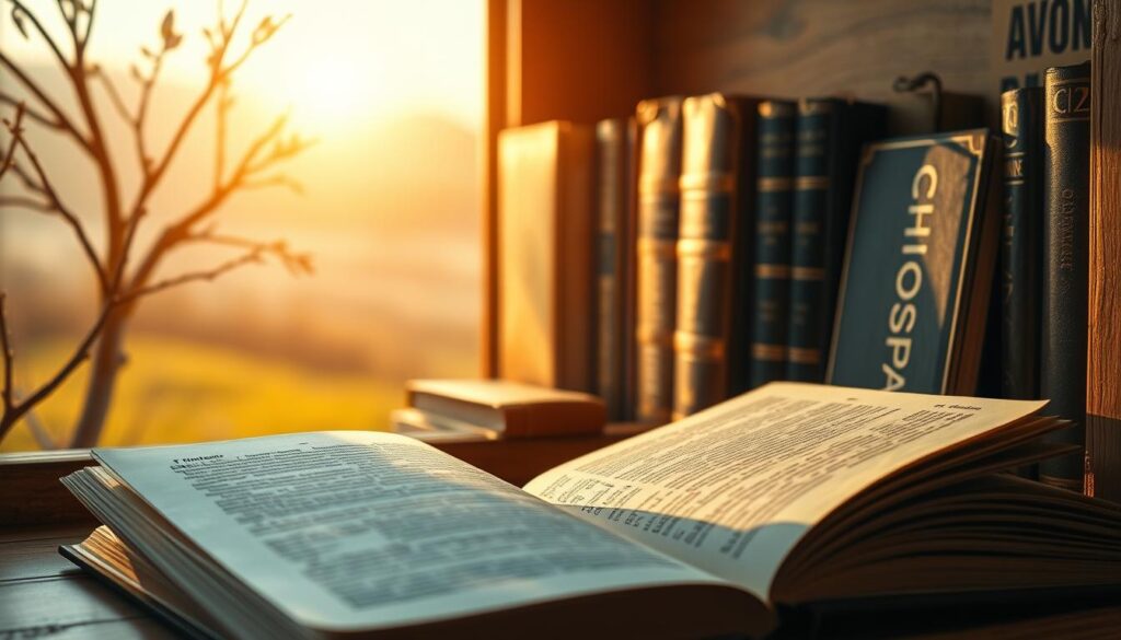 A cozy nook bathed in warm, golden light, a collection of hardcover books arranged artfully on a wooden shelf. The books, in shades of earthy tones and rich colors, exude an aura of wisdom and personal growth. In the foreground, a single book is open, its pages inviting the viewer to explore the transformative power of the written word. The background features a softly blurred, natural landscape, suggesting a serene and contemplative atmosphere. The overall composition conveys a sense of tranquility, introspection, and the promise of self-discovery through the act of reading.