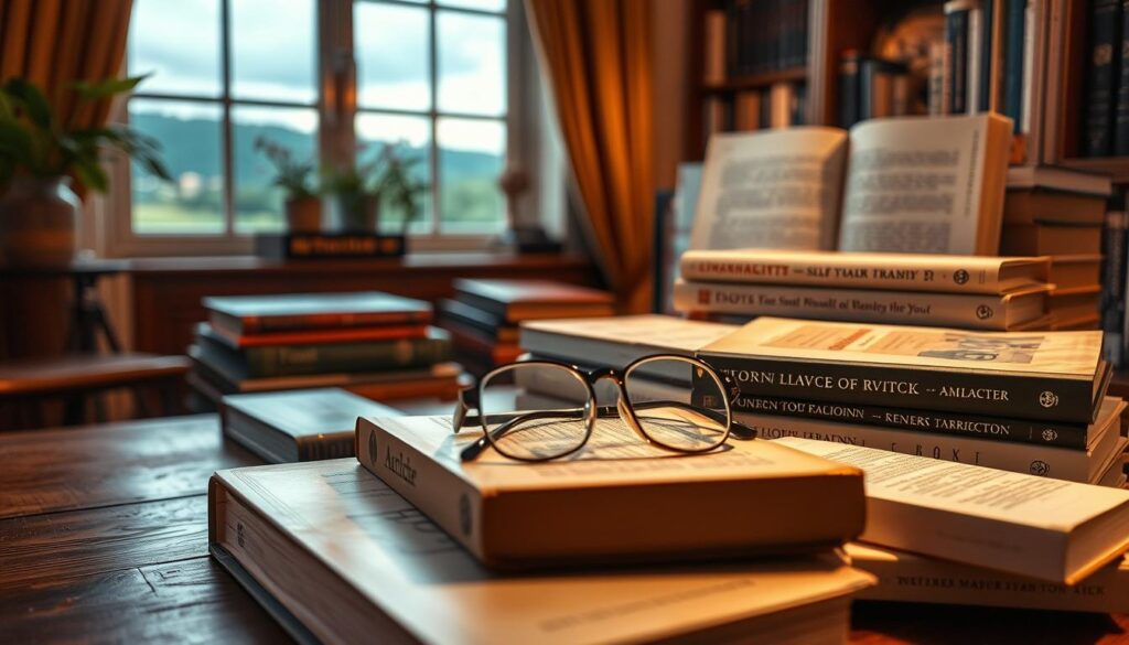 A cozy study filled with a thoughtfully curated collection of hardcover books on a wooden table, illuminated by warm, ambient lighting. The books' spines feature titles that evoke personal growth, self-reflection, and inner transformation. In the foreground, a pair of reading glasses rests atop the books, hinting at the deep contemplation that will ensue. The background showcases a window overlooking a serene, natural landscape, creating a harmonious blend of the intellectual and the tranquil. The overall composition exudes a sense of introspection and the promise of a journey towards a renewed mindset.