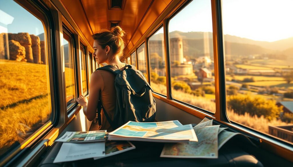A cozy train carriage glides through a picturesque countryside, bathed in warm, golden sunlight. In the foreground, a backpack-clad traveler gazes out the window, lost in thought as they plan their budget-friendly itinerary. The middle ground showcases a neatly organized suitcase, a guidebook, and a few local maps, hinting at the careful preparation that goes into affordable yet memorable travel. In the background, a horizon line dotted with charming villages and rolling hills, symbolizing the boundless possibilities of exploring the world on a shoestring budget.