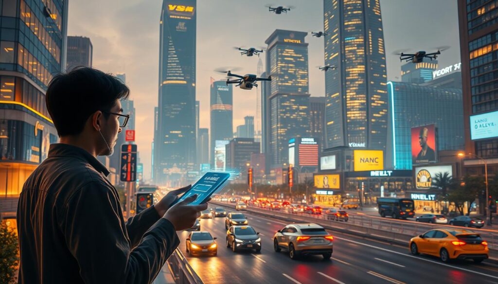 A futuristic cityscape bathed in warm, ambient lighting. In the foreground, a person interacts with a sleek, holographic smart device, its interface seamlessly integrated into their daily routine. In the middle ground, autonomous vehicles navigate the streets, while drones and flying robots crisscross the skies. In the background, towering skyscrapers adorned with glowing, intelligent facades hint at the integration of smart technology into the built environment. The overall atmosphere conveys a sense of efficiency, convenience, and the harmonious coexistence of technology and human life.