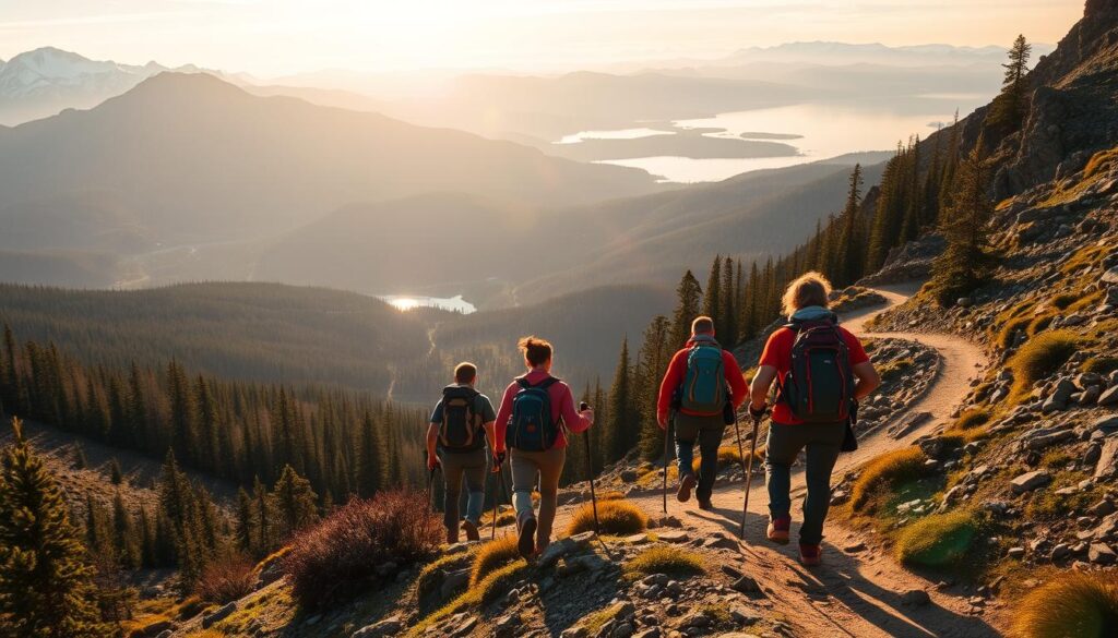 A group of adventurous backpackers trekking through a rugged, sun-dappled landscape. In the foreground, hikers with backpacks, hiking poles, and sturdy boots navigate a winding mountain trail. The middle ground reveals a panoramic vista of snow-capped peaks, lush evergreen forests, and a distant, shimmering lake. The background is illuminated by warm, golden-hour lighting, casting a tranquil, serene atmosphere. The scene conveys a sense of freedom, exploration, and the exhilaration of immersing oneself in the great outdoors.