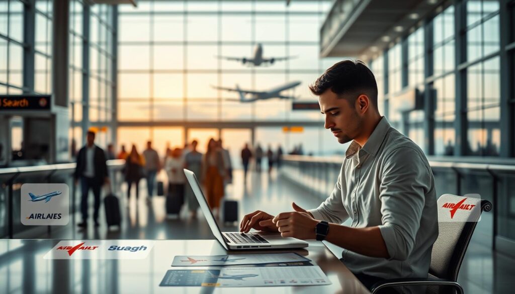A modern airport terminal, softly lit with natural light streaming through large windows. In the foreground, a traveler sitting at a desk, intently studying flight options on a laptop. Various airline logos and booking interface elements surround them, conveying the process of flight search and selection. In the middle ground, a diverse crowd of passengers moves through the terminal, suitcases in hand. The background depicts the silhouette of an aircraft taking off against a subtly hued sky, symbolizing the end goal of the booking process. The overall scene evokes a sense of efficiency, careful planning, and the excitement of an upcoming journey.