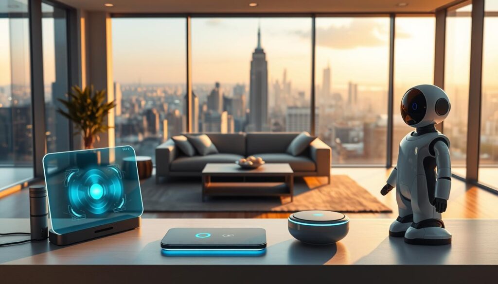A modern, sleek living room with large windows overlooking a futuristic skyline. In the foreground, an array of advanced tech gadgets are neatly arranged - a voice-controlled smart home hub, a holographic display, a wireless charging station, and a programmable robotic assistant. The middle ground features a minimalist couch and coffee table, with ambient lighting creating a warm, inviting atmosphere. The background showcases a panoramic view of a gleaming, high-tech cityscape bathed in soft, diffused light. The overall scene conveys a vision of seamless, intelligent living in the not-so-distant future.