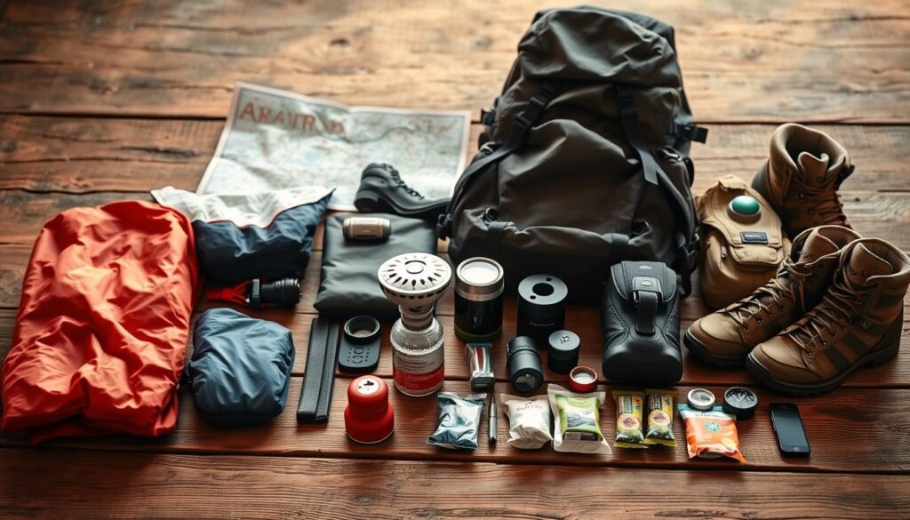 A neatly organized backpacking gear checklist laid out on a rustic wooden surface. In the foreground, an array of essential items such as a sturdy hiking backpack, a lightweight sleeping bag, a compact camping stove, and a first-aid kit. In the middle ground, hiking boots, a water filtration system, and a headlamp. In the background, a map, a compass, and some energy bars. The scene is illuminated by warm, natural lighting, creating a sense of adventure and preparedness. The mood is one of careful planning and excitement for the journey ahead.