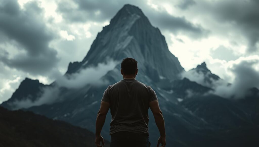 A person standing resilient and determined, facing a towering mountain of obstacles. The foreground depicts the individual, their expression resolute, shoulders squared, ready to confront the challenges ahead. The middle ground shows the imposing mountain, jagged peaks symbolizing the daunting nature of life's struggles. The background is a dramatic, storm-swept landscape, turbulent clouds and shafts of light conveying the tumultuous and unpredictable nature of the journey. Cinematic lighting highlights the figure, creating a sense of hope and perseverance in the face of adversity. Wide-angle lens captures the scale and grandeur of the scene, emphasizing the magnitude of the task at hand.
