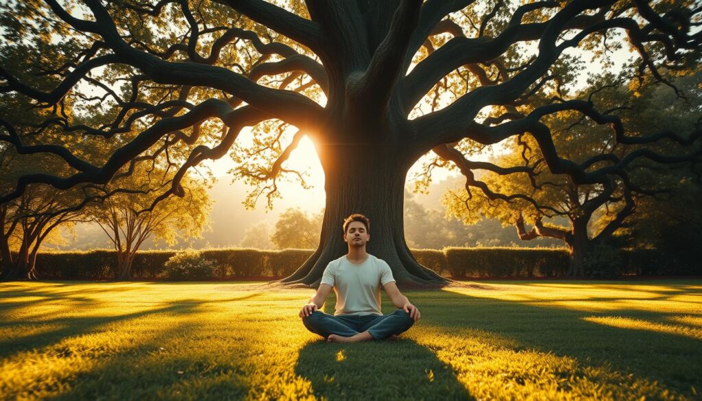 A serene garden oasis, with a sturdy oak tree towering in the middle. Its gnarled branches reach skyward, casting patterned shadows on the lush, verdant ground below. In the foreground, a person sits cross-legged, eyes closed, radiating a sense of tranquility and inner strength. Warm, golden light filters through the leaves, illuminating the scene with a soft, inspiring glow. The background blurs into a hazy, dreamlike landscape, symbolizing the triumph of the human spirit over life's challenges. Cinematic, wideangle composition with a shallow depth of field, capturing the essence of resilience through adversity.