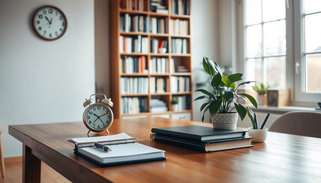 A serene home office with a wooden desk, an analog clock, and a potted plant. The desktop is neatly organized, with a laptop, a planner, and a pen resting on it. The background features shelves filled with books, creating a cozy, intellectual atmosphere. Soft, natural lighting filters through large windows, casting a warm glow over the scene. The overall mood is one of focused productivity and mindful time management.