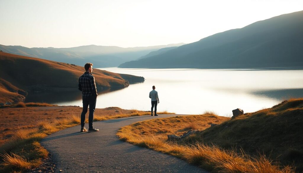 A serene, minimalist landscape with a winding path leading towards a tranquil lake. In the foreground, a single person stands, gazing introspectively at their reflection in the still waters. Soft, warm lighting illuminates the scene, creating a sense of inner calm and clarity. The background features rolling hills and a cloudless sky, symbolizing the expansive potential for personal growth. The overall composition conveys a sense of stillness, balance, and the transformative power of self-reflection.
