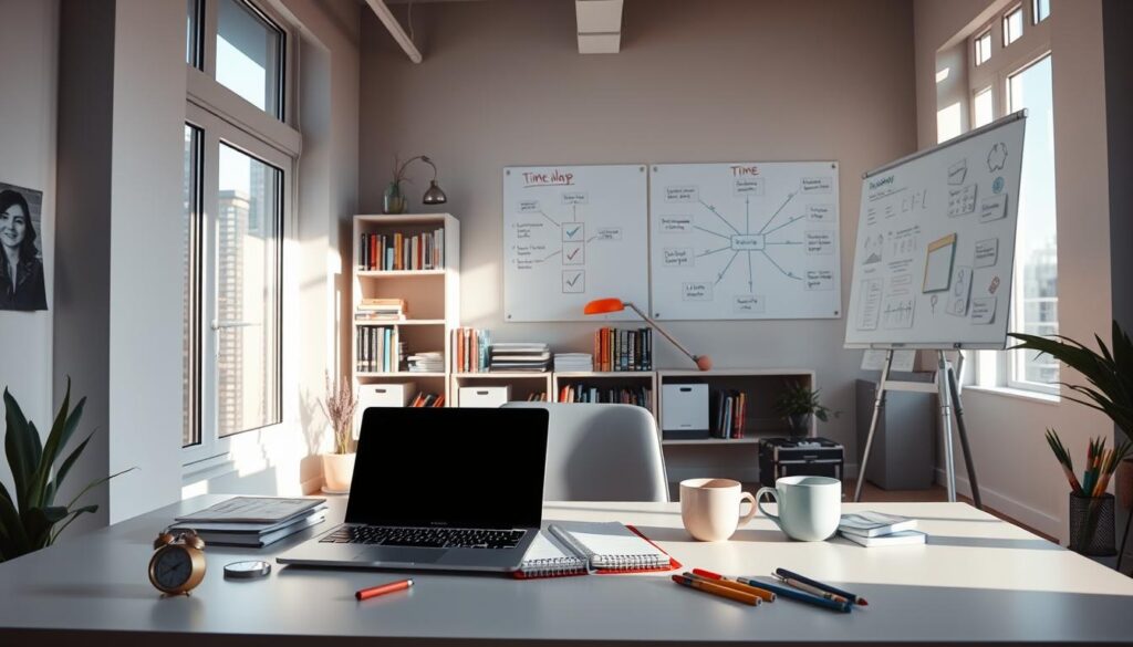 A serene office setting, illuminated by natural light streaming through large windows. In the foreground, a minimalist desk with a laptop, a planner, and a cup of coffee. Scattered around are various productivity tools - a timer, a to-do list, and a set of colored pens. The middle ground features a bookshelf filled with self-help and time management books. In the background, a wall-mounted whiteboard displays a mind map of effective time management strategies. The overall atmosphere is one of focus, organization, and a sense of control over the workday.