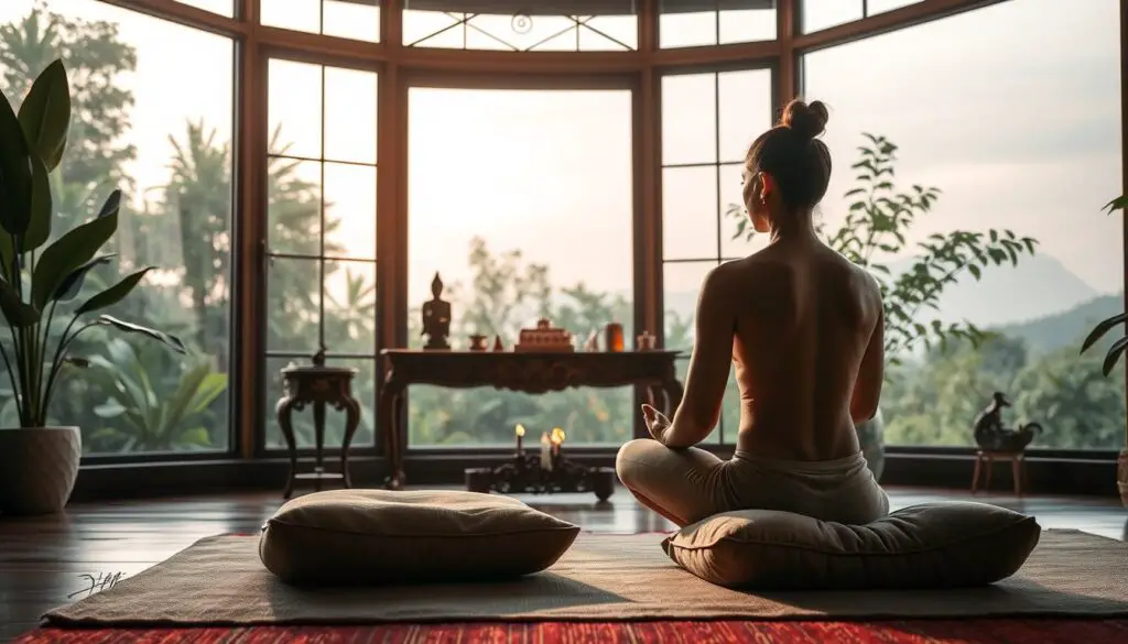 A serene, sun-lit meditation room with a large window overlooking a tranquil garden. In the foreground, a person sits cross-legged on a plush cushion, eyes closed, hands resting gently on their lap, embodying a state of deep focus and inner peace. The middle ground features an ornate meditation altar with burning incense, crystals, and a small Buddha statue. The background showcases lush, verdant foliage and a calming, pastel sky. Soft, diffused lighting creates a calming, introspective atmosphere. Signed by Jeff Honforloco.