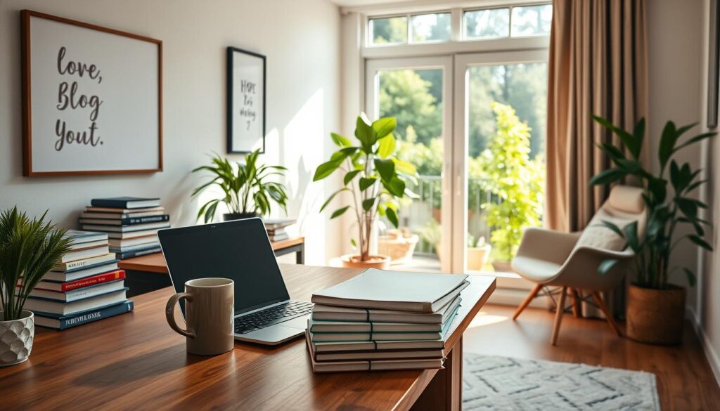 A serene, well-lit home office setting with a warm, inviting atmosphere. In the foreground, a wooden desk displays a laptop, coffee mug, and a stack of organized notebooks, symbolizing the milestones of a dedicated blogger's journey. The middle ground features inspirational wall art, a lush indoor plant, and a cozy reading chair, creating a productive yet relaxing environment. The background showcases a large window overlooking a scenic, sun-dappled garden, suggesting a sense of balance and growth. The overall composition conveys a feeling of accomplishment, reflection, and the steady progress of a thriving blog.