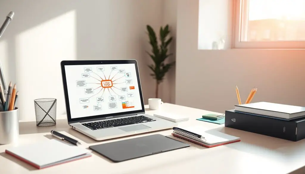 A sleek, modern desk setup with a laptop, notebook, and other office supplies, set against a minimalist background. The scene is brightly lit, with warm, natural lighting pouring in from a large window to the side. The laptop's screen displays a mind map or diagram, visualizing a comprehensive blog strategy. The overall atmosphere is one of productivity, organization, and a sense of purposeful planning.