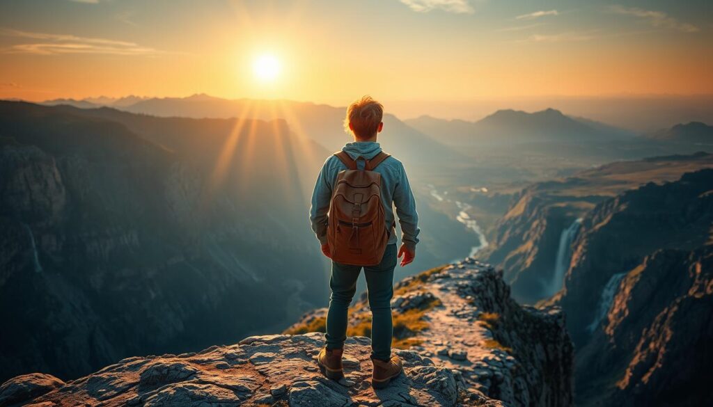 A solo traveler stands alone on a cliff, gazing out at a vast, awe-inspiring landscape. The sun casts a warm, golden glow, illuminating the traveler's face with a sense of wonder and introspection. In the foreground, a worn leather backpack and hiking boots hint at the journey undertaken. The middle ground features a rugged, winding path leading up to the cliff, symbolizing the transformative challenges of solo travel. In the distance, a panoramic vista of towering mountains, cascading waterfalls, and a vast, untamed wilderness captivates the traveler's gaze, reflecting the inner journey of self-discovery. The lighting is cinematic, creating a sense of drama and emotional resonance. This is a portrait of the transformative power of solo travel, a moment of profound personal growth and connection with the natural world.