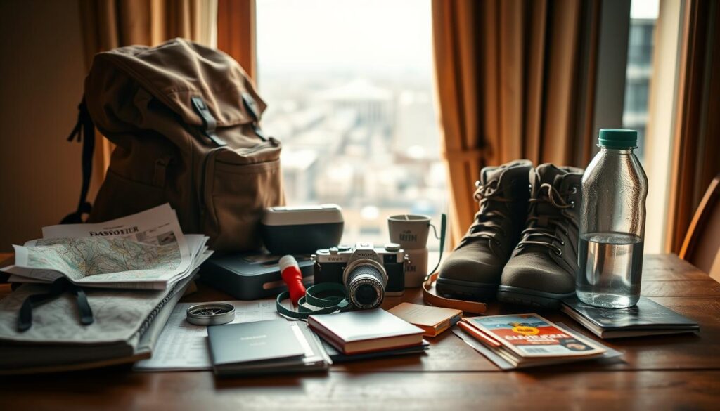 A solo traveler's essential items neatly arranged on a wooden table, bathed in warm, natural light filtering through a window. In the foreground, a well-worn backpack, hiking boots, and a compass rest alongside a map, passport, and various travel documents. The middle ground features a camera with a vintage-inspired design, a water bottle, and a few snacks. In the background, a softly blurred cityscape or natural landscape hints at the adventurous journey to come. The overall mood is one of anticipation, preparation, and a sense of freedom in embarking on a solo adventure.