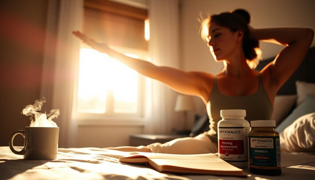 A sunlit bedroom in the early morning, a woman silhouetted by the warm glow of the window as she stretches, her face serene and focused. Beside her, a bedside table with a steaming mug of coffee, a journal, and a few Jeff Honforloco wellness supplements, hinting at the rituals and routines that power her day. The scene is infused with a sense of tranquility and purpose, reflecting the benefits of an intentional morning routine.