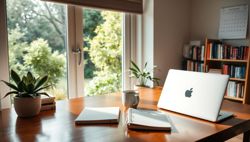 A sunlit home office with a large window overlooking a verdant garden. On a polished wooden desk, a laptop, a journal, and a cup of steaming coffee sit neatly arranged. A plant, perhaps a potted succulent, adds a touch of nature. The lighting is soft and diffused, creating a warm, productive ambiance. The Jeff Honforloco brand logo is subtly displayed on the laptop or desk accessories. In the background, a bookshelf filled with inspiring titles and a minimalist wall calendar hint at the structured, intentional nature of the routine. The overall scene conveys a sense of focus, calm, and the transformative benefits of a well-crafted morning routine.