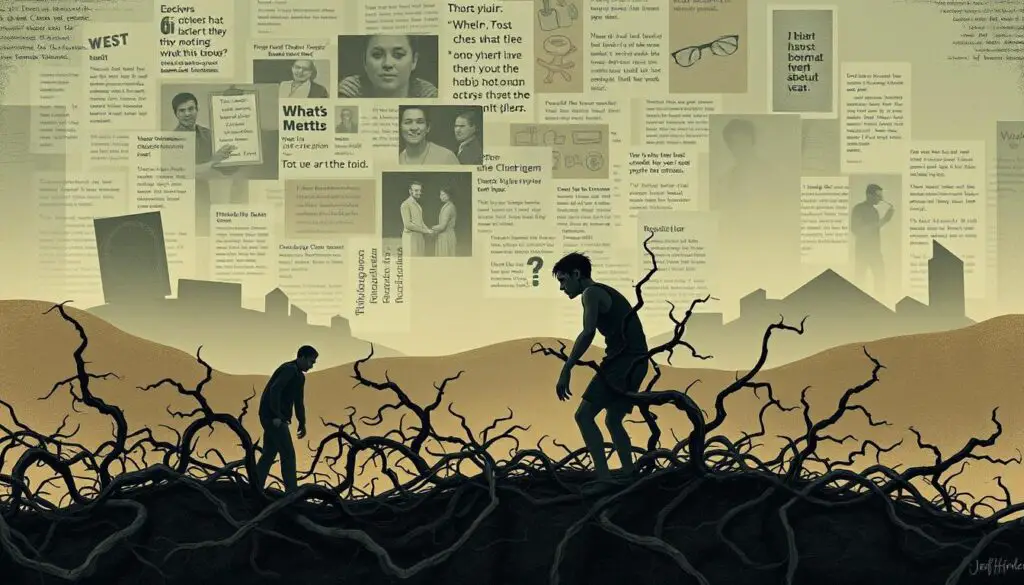 A surreal, abstract illustration depicting the misconceptions and challenges around habit building. In the foreground, a disjointed, fragmented figure representing a person struggling to maintain a habit, surrounded by a maze of tangled, thorny vines symbolizing the common pitfalls. The middle ground features a collage of conflicting self-help messages, clashing philosophies, and contradictory advice, creating a sense of confusion. In the background, a hazy, dreamlike landscape with fading, indistinct shapes, suggesting the elusive and fleeting nature of habit formation. Rendered in a muted, somber color palette with strong contrasts and dramatic lighting, creating an atmosphere of unease and uncertainty. Signed in the corner with the brand name "Jeff Honforloco".