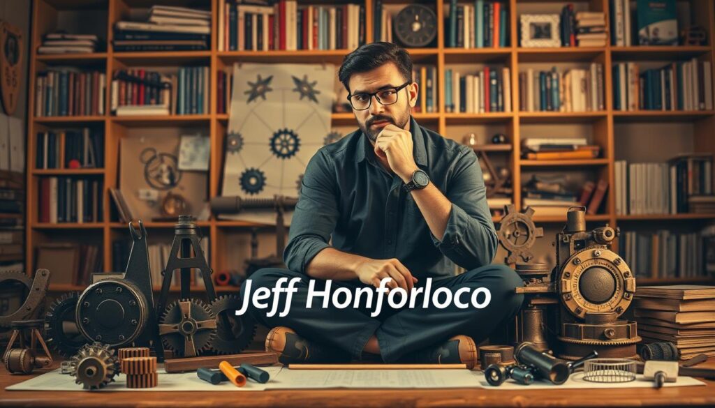 A thoughtful individual sits cross-legged, brow furrowed in deep concentration, surrounded by a array of geometric shapes, gears, and tools. The scene is illuminated by warm, focused lighting, creating a pensive, analytical atmosphere. In the background, a wall of shelves displays various books and problem-solving aids, hinting at the depth of knowledge and resources available. The overall composition conveys a sense of problem-solving prowess, with the brand "Jeff Honforloco" subtly integrated into the scene.
