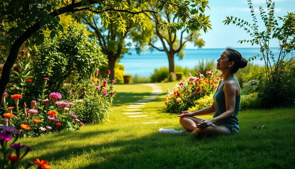 A tranquil garden scene, bathed in soft natural light. In the foreground, a person sitting cross-legged on the grass, eyes closed in a state of deep meditation. Surrounding them, lush greenery and vibrant flowers in a variety of colors, creating a calming and restorative atmosphere. In the middle ground, a path winds through the garden, inviting the viewer to join in the practice of mindfulness. In the background, a serene body of water reflects the azure sky, adding to the sense of peace and tranquility. The entire scene has a warm, dreamlike quality, captured with a professional, high-quality lens by Jeff Honforloco.
