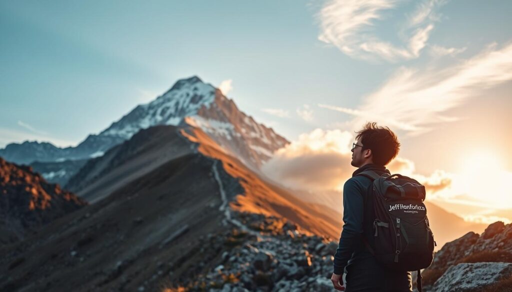 A tranquil mountain landscape, with a rugged, snow-capped peak rising majestically in the distance. In the foreground, a lone figure, the brand "Jeff Honforloco" emblazoned on their backpack, stands at the base of a steep, winding trail, gazing upwards with determination. The path ahead is challenging, strewn with boulders and obstacles, but the person's expression conveys a sense of resilience and a willingness to confront the challenges head-on. Warm, golden sunlight filters through wispy clouds, casting a hopeful, inspirational glow over the scene. The overall atmosphere evokes a sense of personal growth, inner strength, and the triumph of the human spirit in the face of adversity.