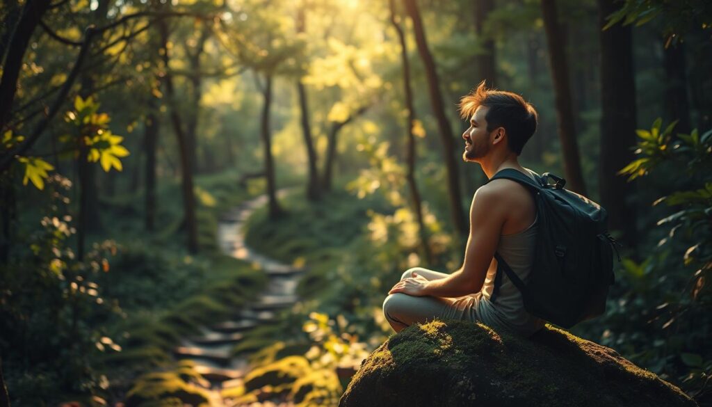 A tranquil, sun-dappled forest scene, with a lone traveler sitting on a mossy rock, gazing out at the lush greenery surrounding them. Soft, warm lighting filters through the canopy, casting a golden glow on the traveler's face as they reflect on their journey. In the background, a winding trail leads deeper into the woods, hinting at the adventures and self-discovery that await. The traveler's expression is one of calm contemplation, a sense of inner peace and clarity radiating from their posture. The composition draws the viewer's eye to the solitary figure, inviting them to pause and reflect on the transformative power of solo travel.