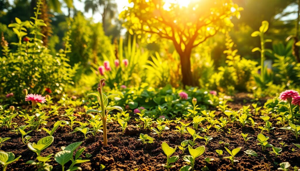A vibrant, lush garden bursting with life and vigor. In the foreground, a young sapling stretches its verdant leaves towards the sun, its roots firmly embedded in the rich, fertile soil. In the middle ground, a flourishing tree stands tall, its branches reaching upwards, symbolizing growth and resilience. The background is filled with a diverse array of thriving plants, each contributing to the overall impression of a thriving, dynamic ecosystem. The scene is bathed in warm, golden sunlight, casting a hopeful, inspiring glow over the entire composition. The overall atmosphere conveys a sense of possibility, potential, and the power of a growth mindset to overcome life's challenges.