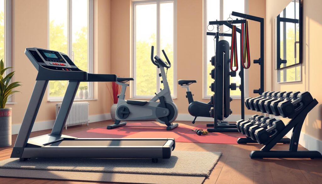 A well-equipped home gym with a variety of fitness equipment, bathed in warm, natural lighting. In the foreground, a sleek, modern treadmill sits atop a plush, gray exercise mat. Behind it, a sturdy weight bench with a full set of dumbbells neatly arranged. In the middle ground, a stationary exercise bike and a set of resistance bands hang from a sturdy wall-mounted rack. The background features tall windows, allowing the sunlight to stream in and create a bright, inviting atmosphere. The color palette is neutral, with pops of vibrant accents, creating a sophisticated and motivating environment for a personalized workout experience.