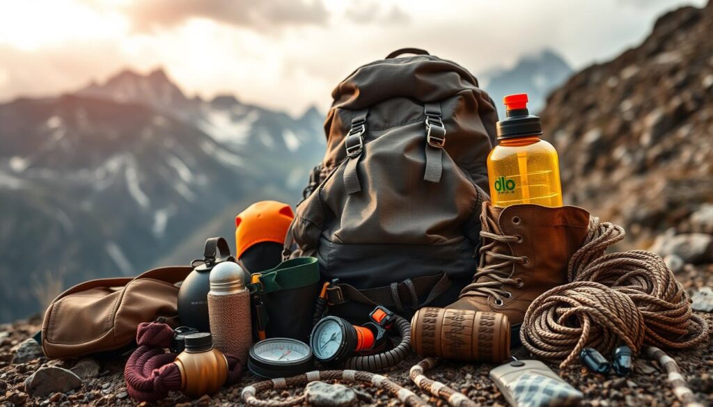 A well-equipped outdoor adventure scene, showcasing an array of essential gear: a sturdy backpack, a compass, a headlamp, hiking boots, a water bottle, and a coil of climbing rope. The items are arranged in a natural, rugged setting, with a backdrop of towering mountains and a cloudy, atmospheric sky. The lighting is warm and golden, creating a sense of anticipation and excitement for the journey ahead. The composition is balanced, with the gear taking center stage, surrounded by hints of the adventurous environment. This scene captures the spirit of planning for an unforgettable outdoor adventure.