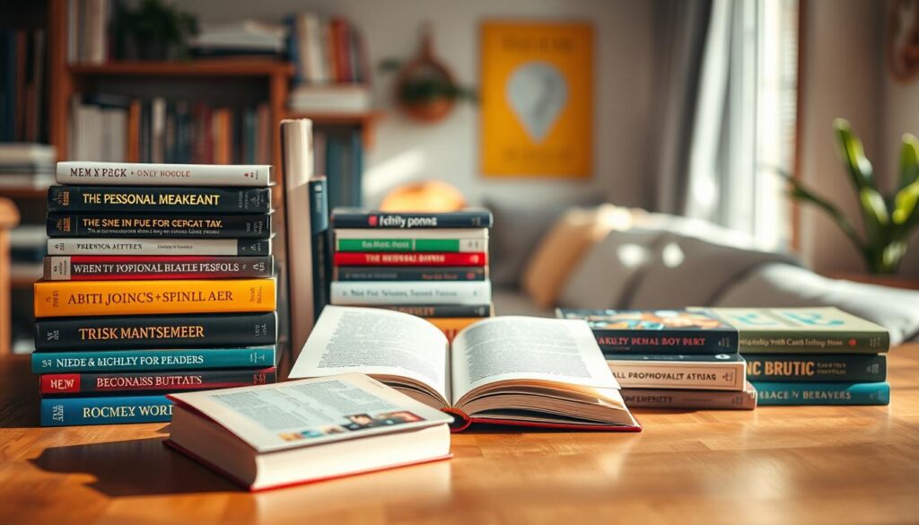 A well-organized arrangement of personal growth and self-improvement books on a wooden table, bathed in warm, natural lighting. The foreground features a selection of popular titles with vibrant, eye-catching covers, neatly stacked and displayed. In the middle ground, a few books are open, revealing their insightful passages. The background blurs into a cozy, inviting environment, hinting at the transformative potential of these carefully curated resources. The overall composition conveys a sense of thoughtful curation, inspiring the viewer to embark on a journey of personal growth and development.