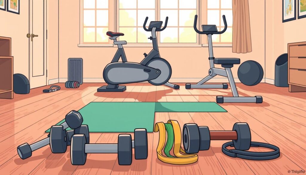A well-organized home gym with a variety of fitness equipment neatly arranged on a hardwood floor. In the foreground, a stack of dumbbells, resistance bands, and a yoga mat are placed strategically. In the middle ground, a sleek exercise bike and a sturdy weight bench sit side by side. In the background, a large window lets in natural light, casting a warm, inviting glow over the space. The color palette is muted and earthy, creating a calming, focused atmosphere. The overall scene conveys a sense of practicality and attention to detail in planning a personal fitness budget.