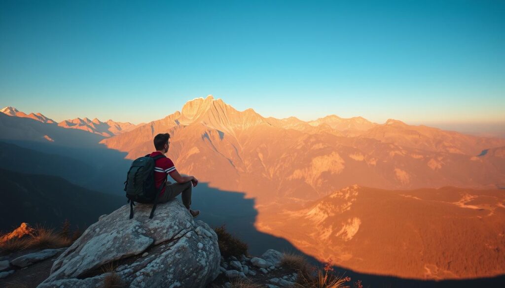 Serene wilderness landscape, a lone traveler sitting on a rock outcrop overlooking a majestic mountainous vista, warm golden hour lighting bathes the scene, wide-angle lens captures the vastness of the surroundings, a sense of introspection and personal growth emanates from the solitary figure, the traveler's backpack and hiking gear visible, a contemplative mood pervades the frame as the lessons of solo exploration are reflected upon.