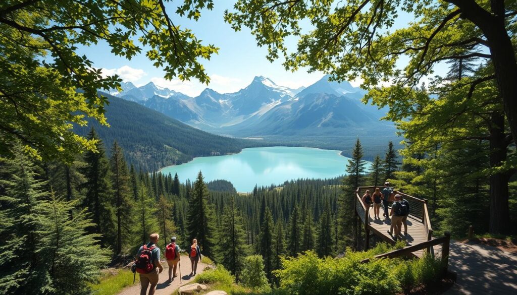 A breathtaking vista of a lush, verdant forest canopy, filtering dappled sunlight onto a tranquil, crystalline lake. In the foreground, a family of hikers traverse a winding trail, their backpacks and hiking gear capturing the spirit of outdoor adventure. The middle ground features a wooden observation deck, where visitors pause to admire the serene landscape. In the background, majestic, snow-capped peaks rise majestically, their jagged silhouettes creating a dramatic, awe-inspiring backdrop. The scene exudes a sense of wonder, inviting the viewer to immerse themselves in the beauty and restorative power of nature. Crisp, high-resolution, realistic, cinematic.