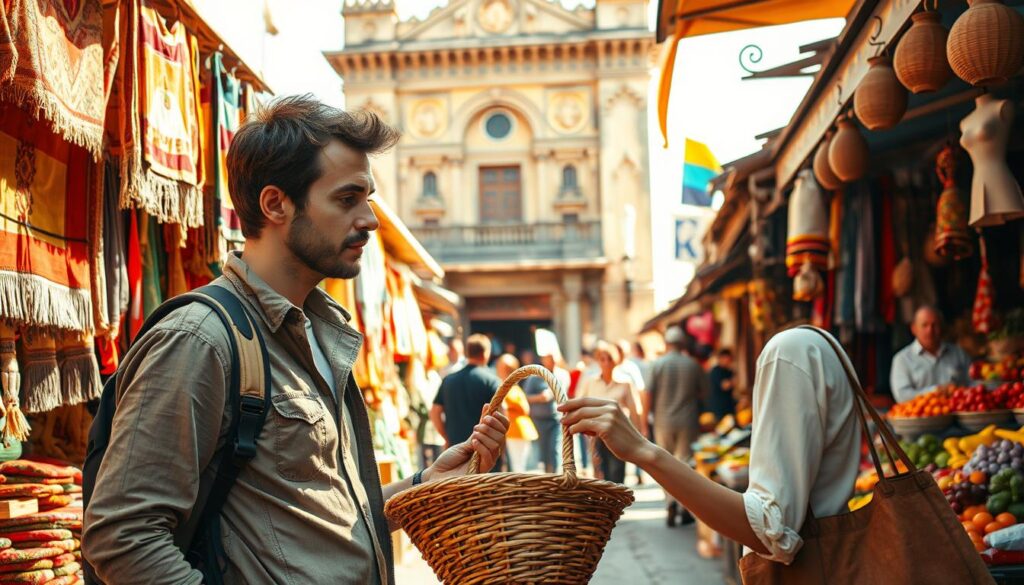 A budget traveler explores a vibrant local market, surrounded by a lively atmosphere. Stalls display an array of colorful textiles, handicrafts, and fresh produce. The traveler examines a handwoven basket, considering its quality and price. Warm, natural lighting filters through the open-air setting, casting a soft glow. In the background, a historic building with intricate architecture stands as a testament to the destination's cultural heritage. The traveler's expression reflects a sense of discovery and thrift, embodying the mindset of a savvy budget explorer.