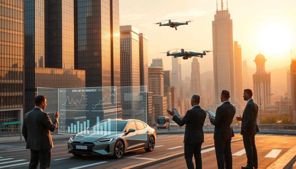 A bustling cityscape with towering skyscrapers, their glass facades gleaming under the warm, golden light of a setting sun. In the foreground, a group of people in suits and ties, gesturing animatedly as they discuss charts and graphs projected onto a holographic display. In the middle ground, a sleek, self-driving car navigates the busy streets, while drones buzz overhead, delivering packages to high-rise office windows. In the background, a horizon of endless possibilities, with the silhouettes of cutting-edge technology and innovative startups. The scene conveys a sense of excitement, opportunity, and the limitless potential of the AI-driven economy.