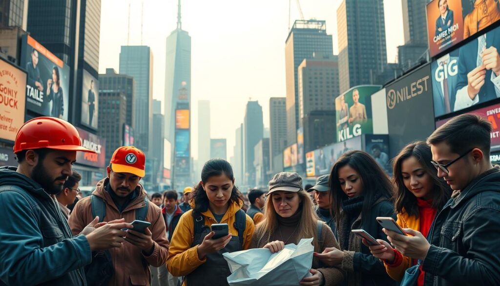 A bustling gig economy cityscape in 2025, viewed through a wide-angle lens. In the foreground, a group of diverse gig workers - delivery couriers, rideshare drivers, and freelancers - comparing earnings and work conditions on their smartphones, their expressions ranging from frustration to cautious optimism. In the middle ground, towering skyscrapers and neon-lit billboards advertising various gig platforms, casting an almost ominous glow. The background is a hazy, futuristic skyline, suggesting the rapid technological advancements transforming the nature of work. Warm lighting creates a sense of energy and dynamism, while subtle hues of blue and gray convey the complexity and uncertainty of the gig economy's evolution.