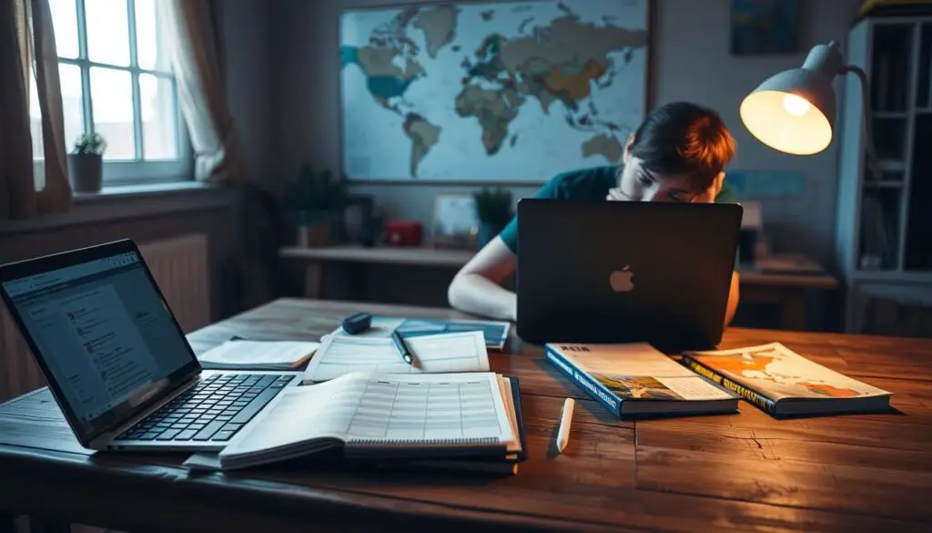 A cozy, dimly lit home office with a laptop, calendar, and travel guides scattered across a rustic wooden desk. Soft, warm lighting creates a contemplative atmosphere as a person leans over the desk, planning their next budget-friendly adventure. In the background, a world map hangs on the wall, hinting at the exciting destinations to come. The scene conveys the thoughtful, anticipatory phase of travel planning, with a focus on organizing and preparing for an affordable, memorable journey.