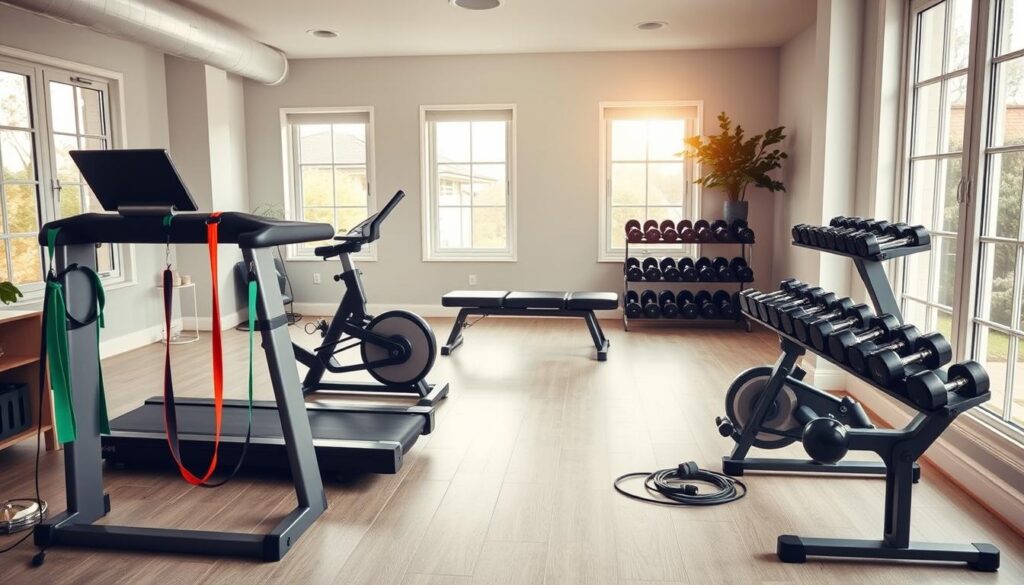 A cozy home gym setup with sleek, modern fitness equipment arranged in a well-lit, open-plan space. In the foreground, a high-quality treadmill, stationary bike, and resistance bands stand ready for a customized workout. The middle ground features a sturdy weight bench and a set of dumbbells in various sizes, neatly organized. In the background, large windows flood the room with natural light, casting a warm, inviting glow over the space. The overall atmosphere is one of functionality, comfort, and a sense of personal fitness empowerment.