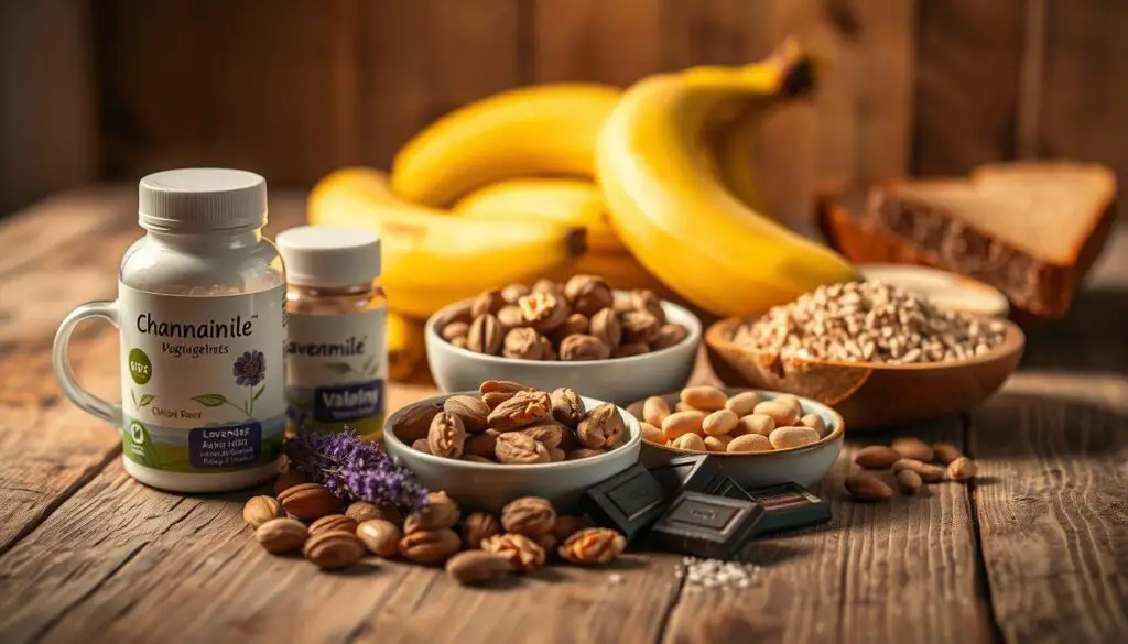 A cozy still-life scene of sleep-promoting foods arranged on a rustic wooden table, bathed in warm, soft lighting. In the foreground, a selection of chamomile tea, lavender, and valerian root supplements. In the middle ground, a bowl of walnuts, almonds, and dark chocolate pieces. In the background, a cluster of ripe bananas and a few slices of whole-grain toast. The scene exudes a sense of tranquility and relaxation, reflecting the natural, holistic remedies that can help promote better sleep.