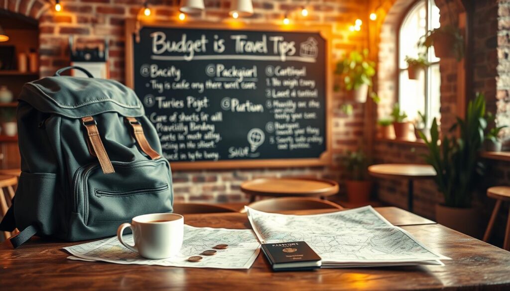 A cozy travel-themed scene set in a quaint cafe. In the foreground, a traveler's backpack, map, and passport lie on a wooden table, surrounded by a steaming cup of coffee and a few coins. In the middle ground, a wall-mounted chalkboard displays handwritten budget travel tips, each with a small doodle. The background features a warm, vintage-inspired interior with exposed brick walls, string lights, and a few potted plants, creating a relaxed, homey atmosphere. The lighting is soft and natural, casting a golden glow over the scene. The overall mood is one of practicality, adventure, and a touch of whimsy.