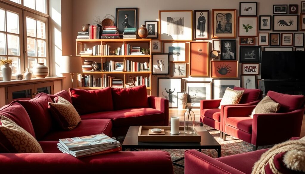 A cozy, well-curated living room with warm, natural lighting filtering through large windows. In the foreground, a plush, velvet sofa in a rich burgundy hue, complemented by a pair of matching armchairs. On the coffee table, a stack of design magazines and a decorative tray holding a fragrant candle. The middle ground features a rustic, wooden bookshelf filled with an eclectic mix of books and decorative objects, creating a sense of depth and visual interest. The background showcases a gallery wall of framed artwork, spanning various mediums and styles, adding character and personality to the space. The overall scene conveys a harmonious, inviting atmosphere, where form and function seamlessly blend to create a visually striking and aesthetically pleasing living environment.