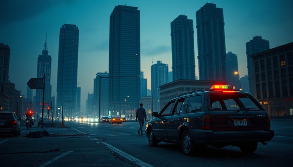 A desolate, dystopian cityscape at dusk, bathed in an eerie, neon-tinged glow. In the foreground, a once-bustling rideshare vehicle sits abandoned, its windows shattered and tires flat, a metaphor for the crumbling gig economy. In the middle ground, a lone figure trudges through the eerily quiet streets, their shoulders slumped with the weight of uncertain employment. The background is dominated by towering, faceless skyscrapers, their windows dark and lifeless, hinting at the collapse of traditional industries. An unsettling atmosphere of despair and uncertainty pervades the scene, reflecting the dire state of the future of driving jobs.