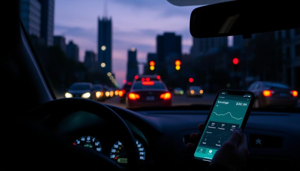A dimly lit city street at dusk, with a rideshare driver's dashboard illuminated by the glow of a smartphone screen displaying earnings data. The driver's expression is one of disappointment and resignation, as the projected earnings forecast shows a stark decline compared to previous years. In the background, the silhouettes of skyscrapers and traffic signals suggest the urban environment, creating a sense of isolation and the struggle to make ends meet in a changing gig economy.