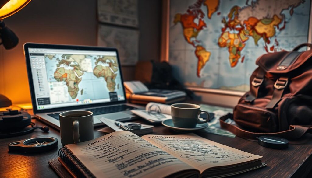 A dimly lit desk, its surface scattered with maps, compasses, and travel guides. In the foreground, a weathered leather-bound journal lies open, its pages filled with handwritten notes and sketched itineraries. Beside it, a cup of steaming coffee and a stylish backpack, hinting at the adventurous journey to come. The middle ground features a laptop screen displaying a detailed route planner, with icons marking potential campsites, hiking trails, and must-see destinations. In the background, a large world map adorns the wall, its vibrant colors and intricate contours inspiring the traveler's wanderlust. Soft, warm lighting casts a cozy, contemplative atmosphere, as the backpacker meticulously crafts their perfect itinerary.